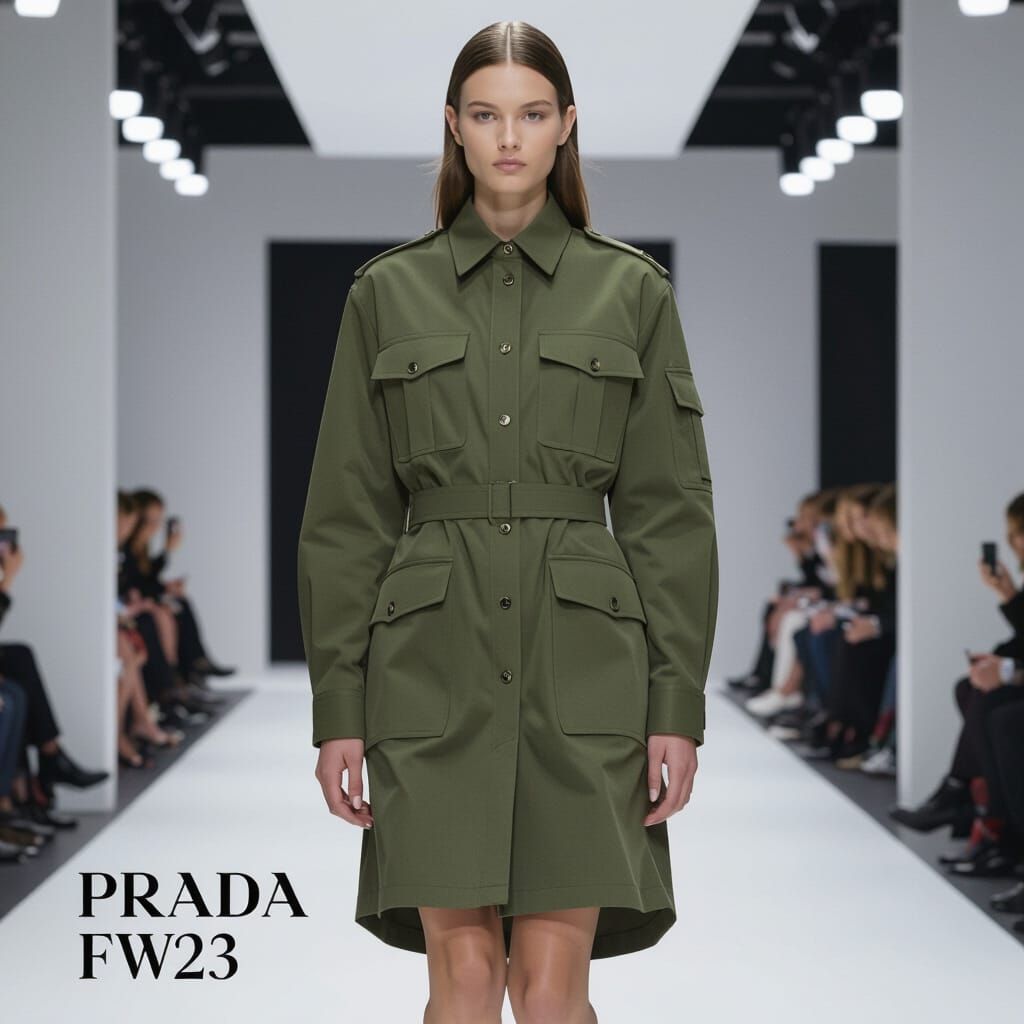 High Fashion Model in Prada-Inspired Military Dress
