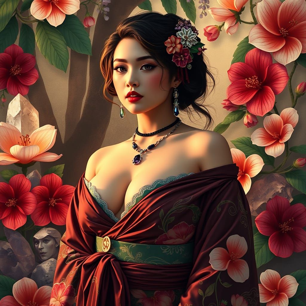 Yae Miko in Kimono: Alphonse Mucha Style Portrait