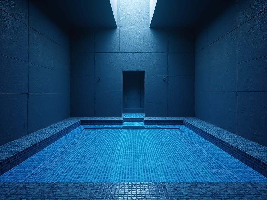 Dark Blue Tiled Room with Water Pool