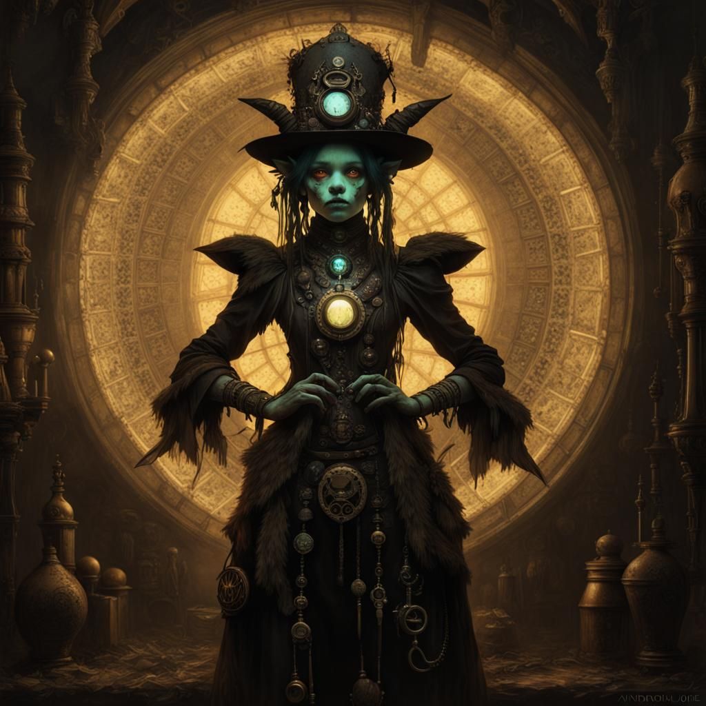 Steampunk Goblin Shaman Silhouette in the Dark