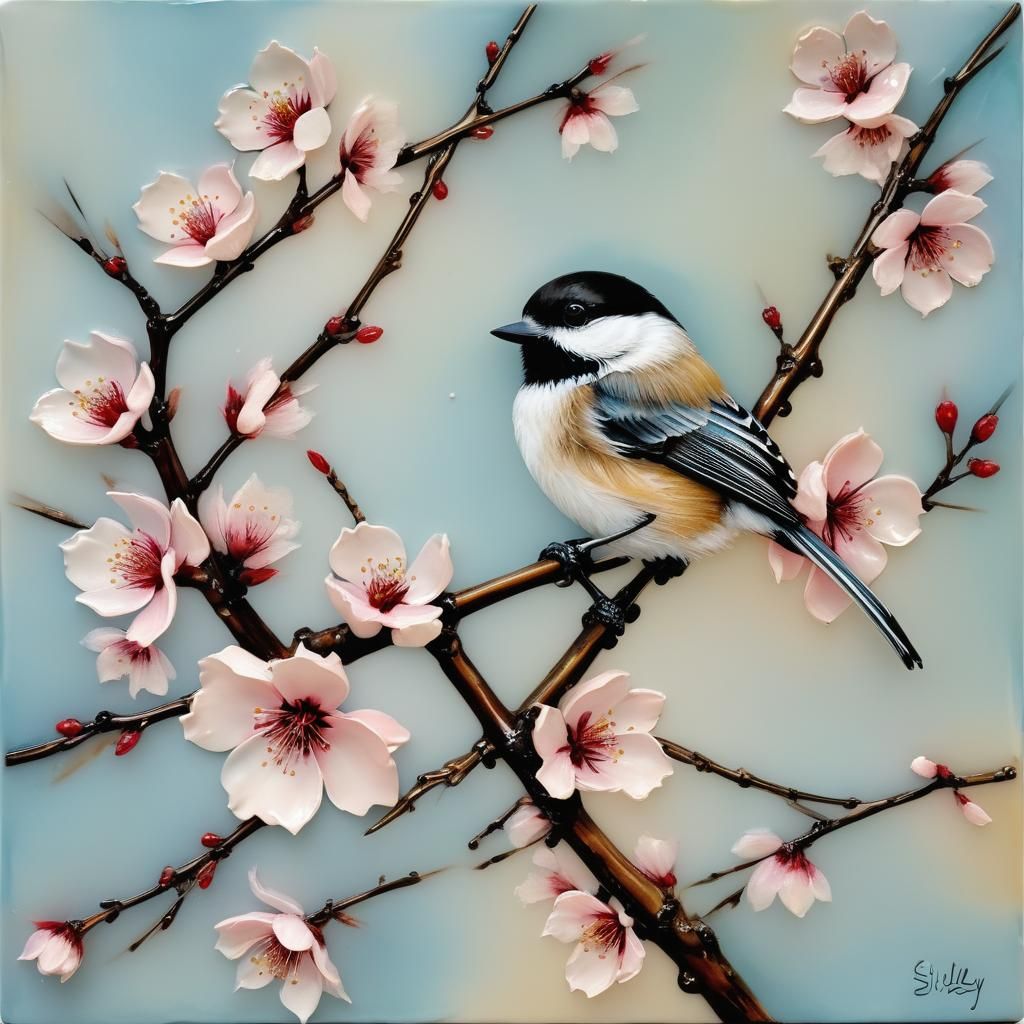 Chickadee in Sakura: Encaustic, Hyperdetailed Sibley Style