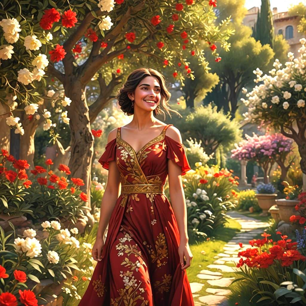 Beautiful Greek Woman in Flower Garden, Detailed Matte Paint...