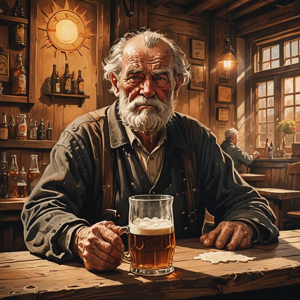 Retro German Beerhall Illustration: Old Man with Beer