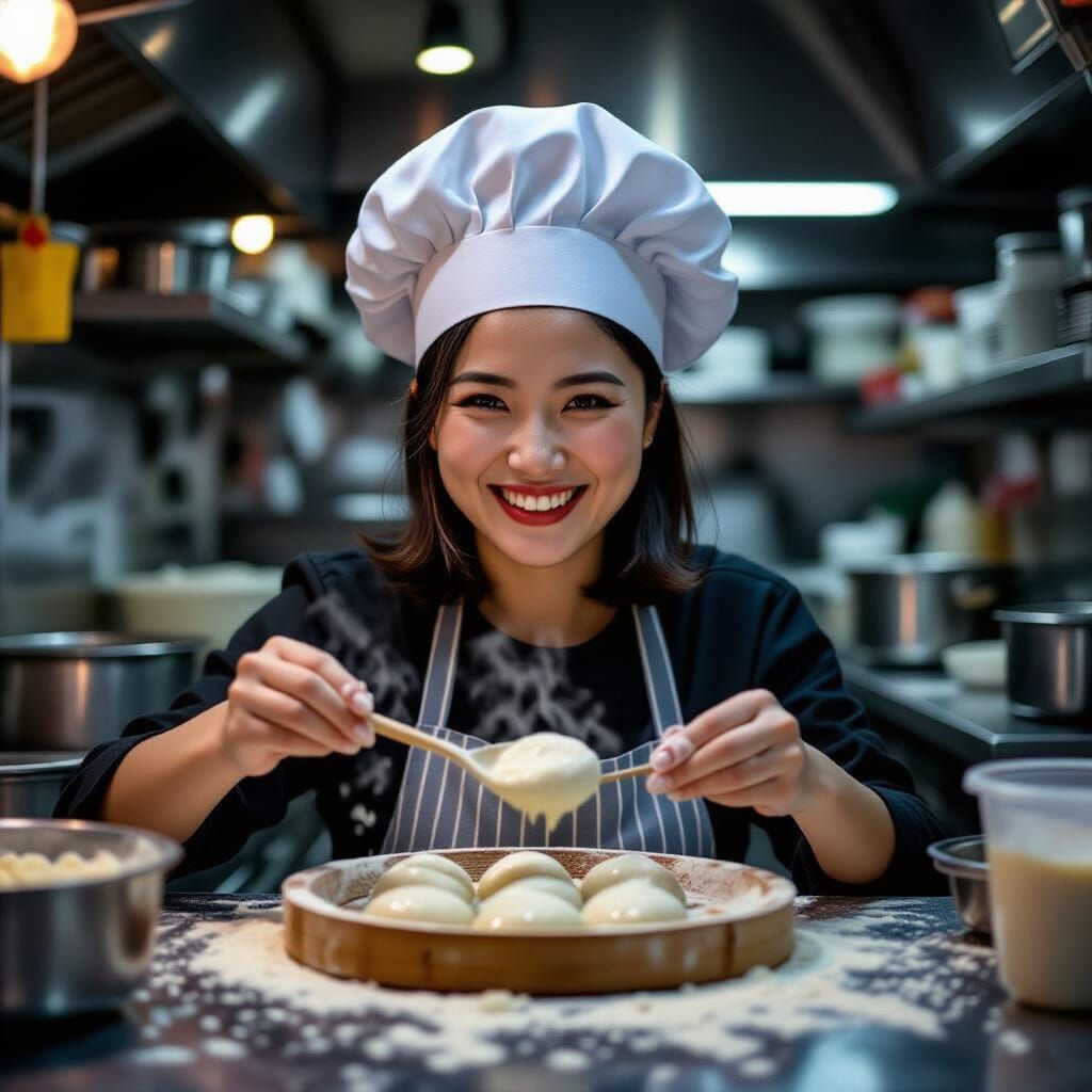 Chinese Woman Baking with Joy in Kitchen