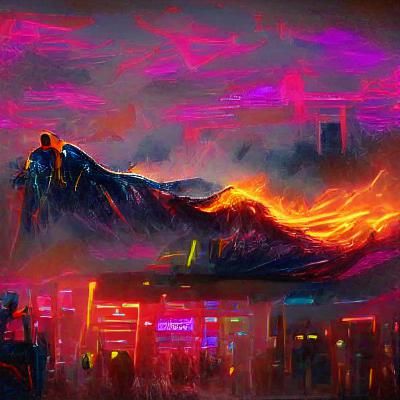 Cyberpunk Mountaintop Ablaze in Neon Flames