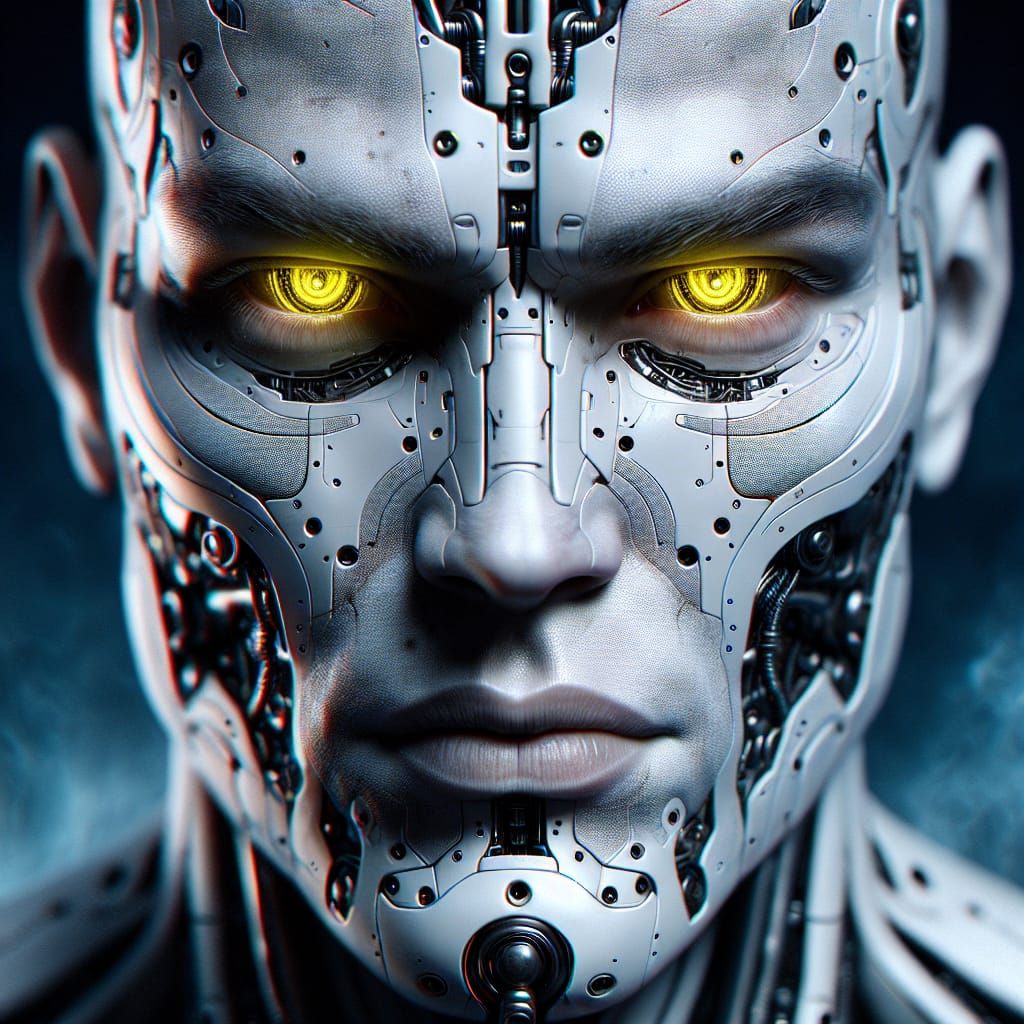 Cyborg Portrait with Yellow Eyes in Cyberpunk Style