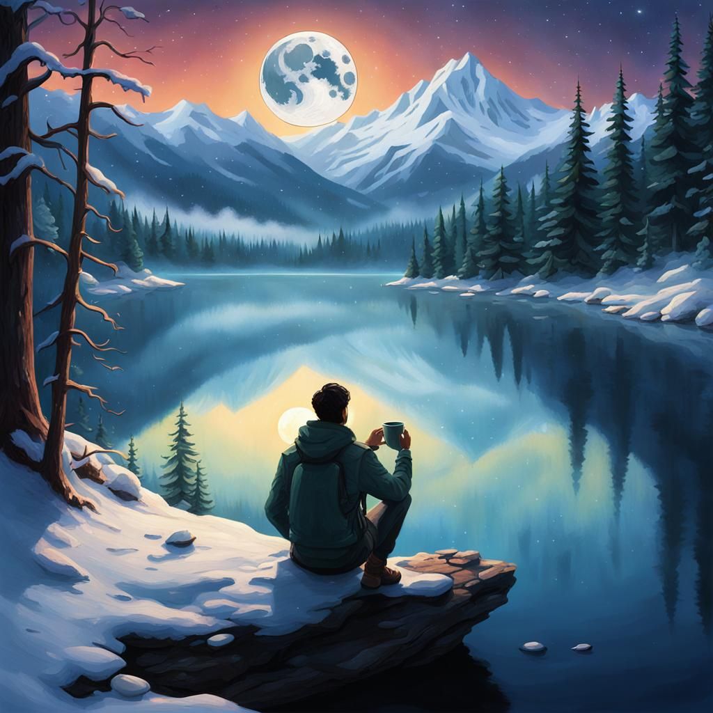 Surreal Coffee Cup Landscape with Moonlit Mist and Sparkling...