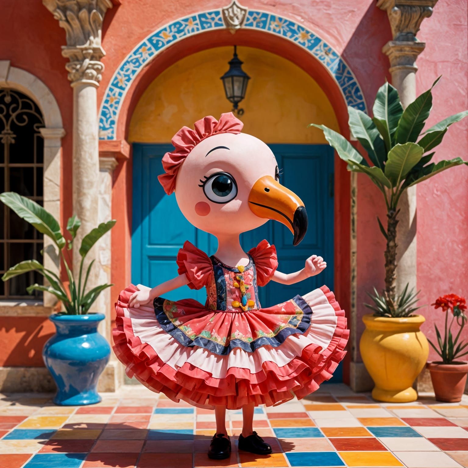 Chibi Flamenco Dancer Flamingo in Traditional Spanish Casa