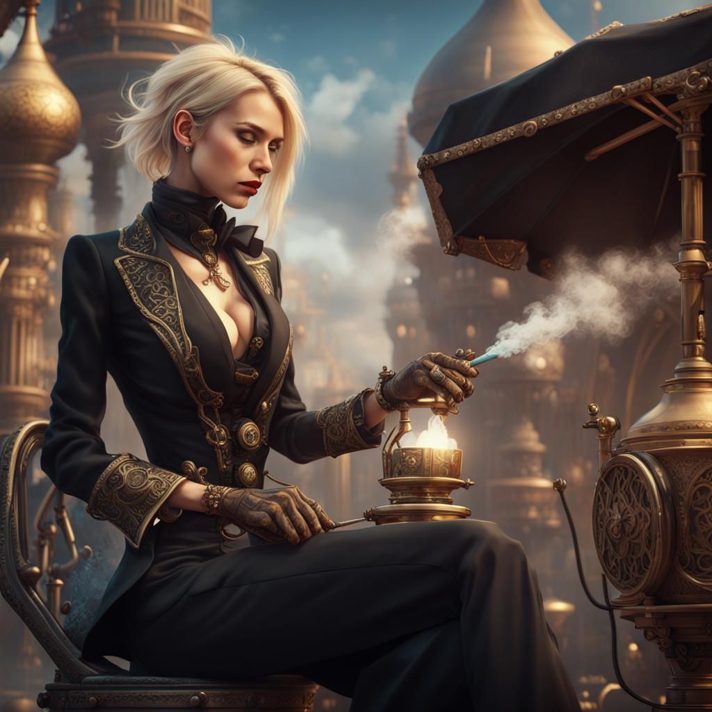 Steampunk Woman Smoking Shisha: Detailed Matte Painting