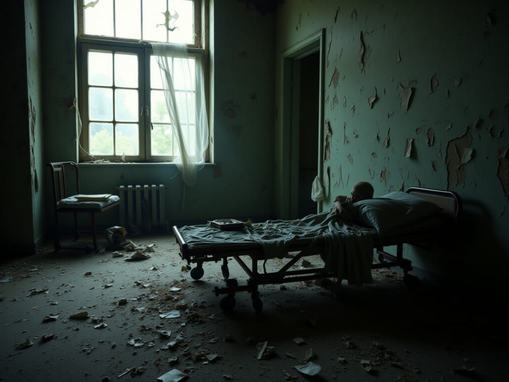 Desolate Asylum Interior with Peeling Wallpaper