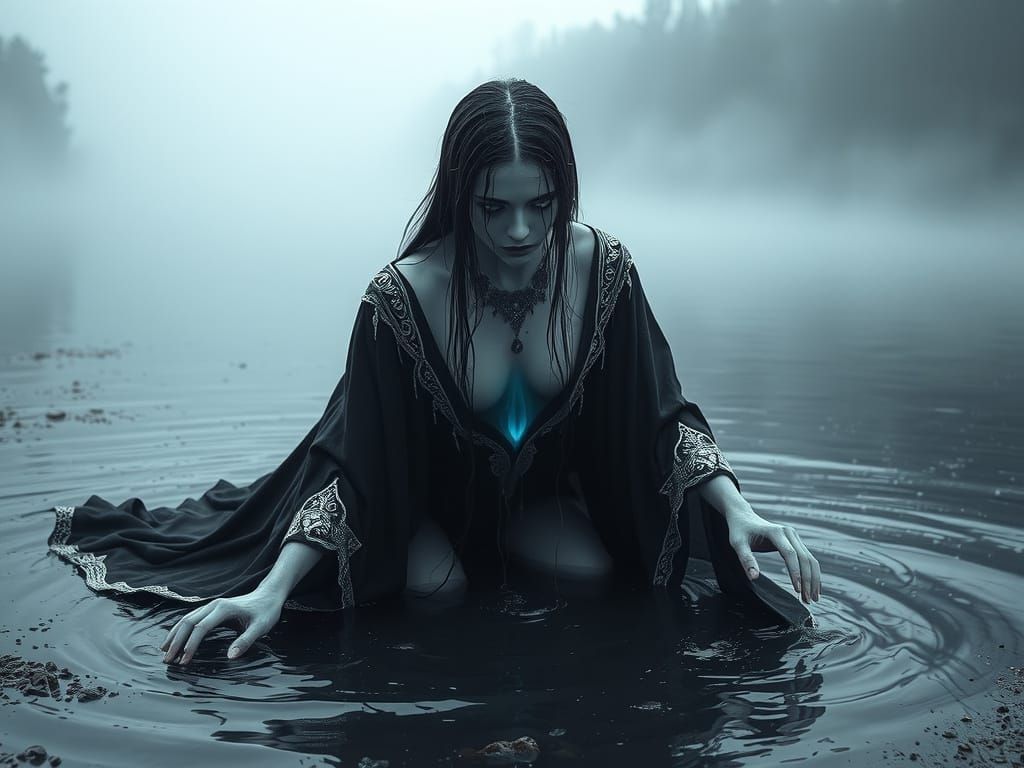 Ethereal Female Necromancer Emerges from the Lake