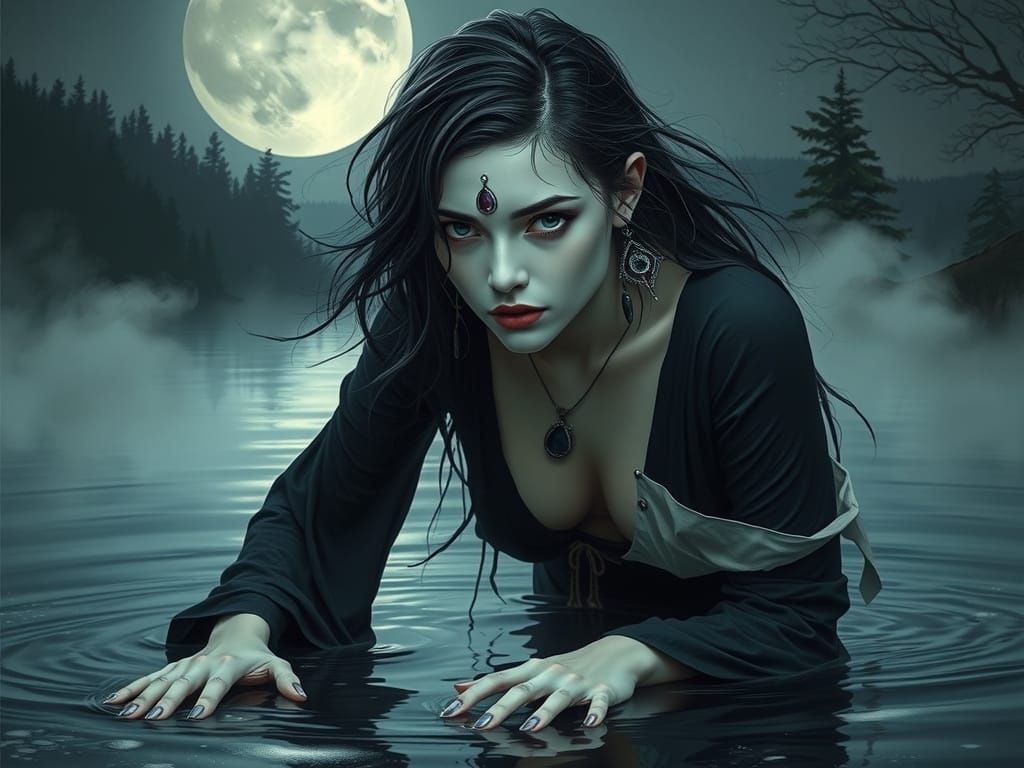 Mystical White Sorceress Emerges from Moonlit Lake