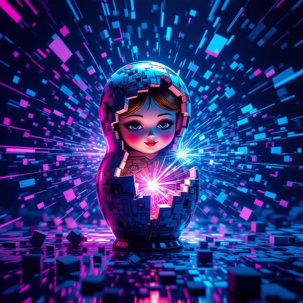 Matryoshka Doll Collapses Through Reality in Glitch Art Styl...