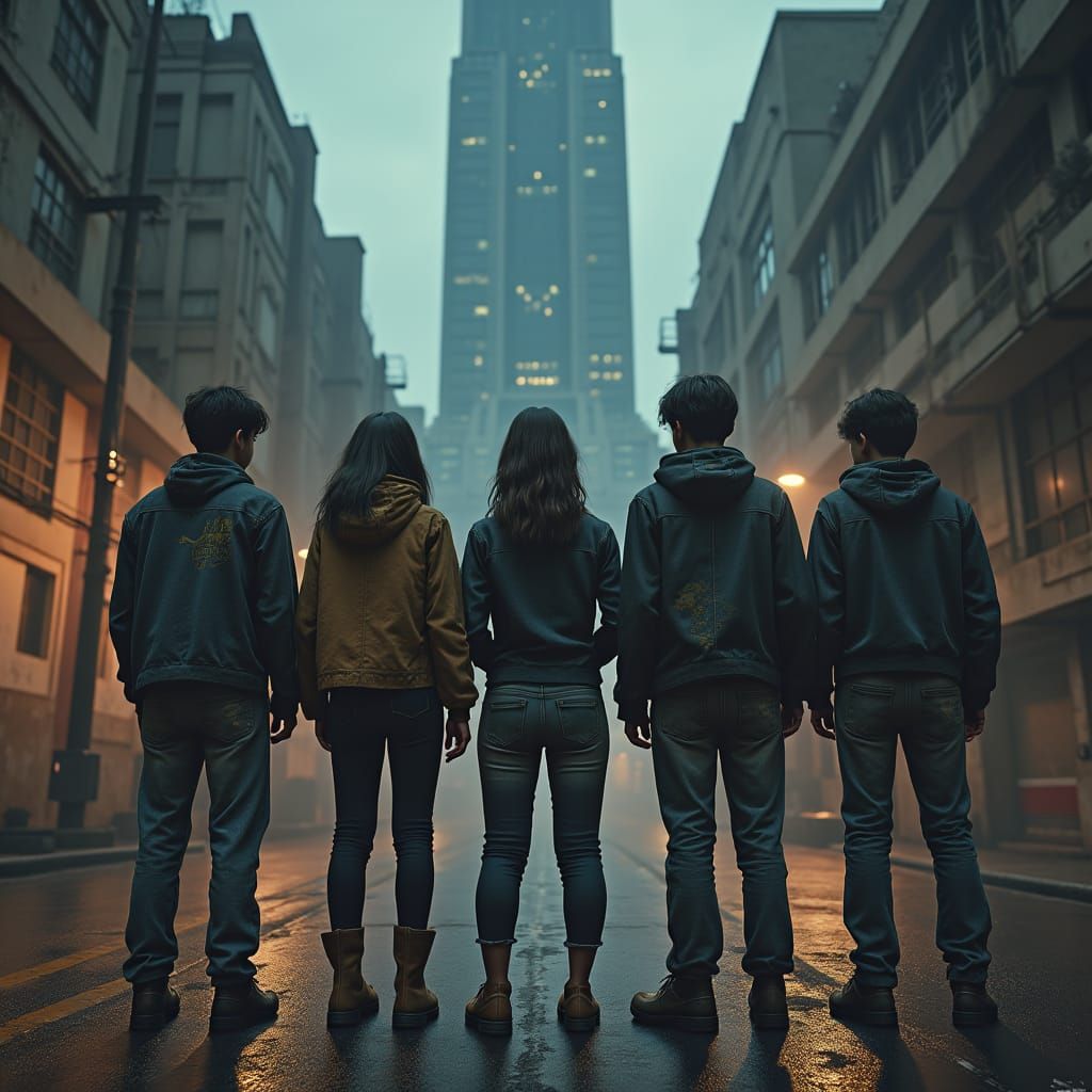 Teenagers in Dystopian Cityscape: A Survival Struggle