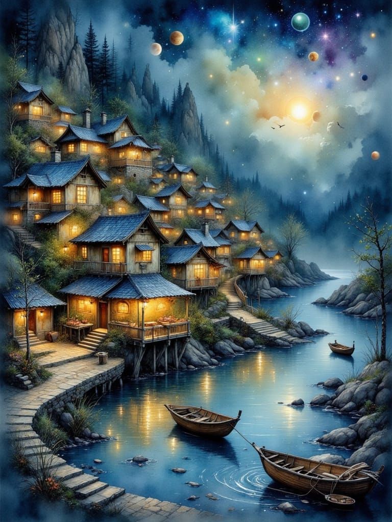 Dreamy Watercolor Village at Dusk in Golden Light