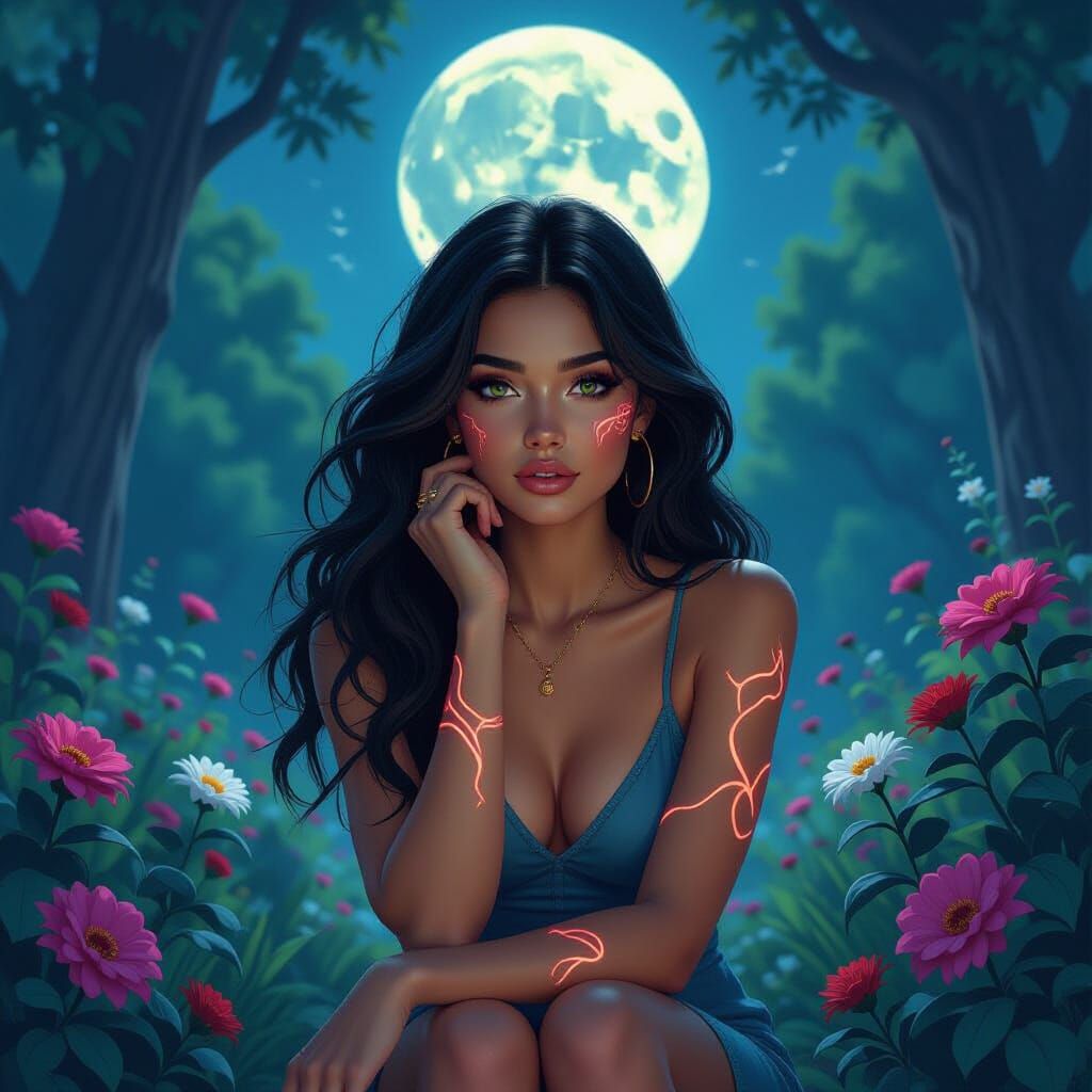 Woman with Glowing Scars in Moonlit Garden