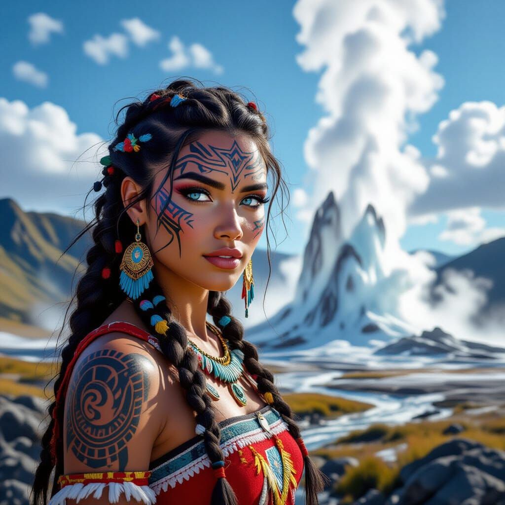 Maori Woman at Geyser in Hyperrealistic Style