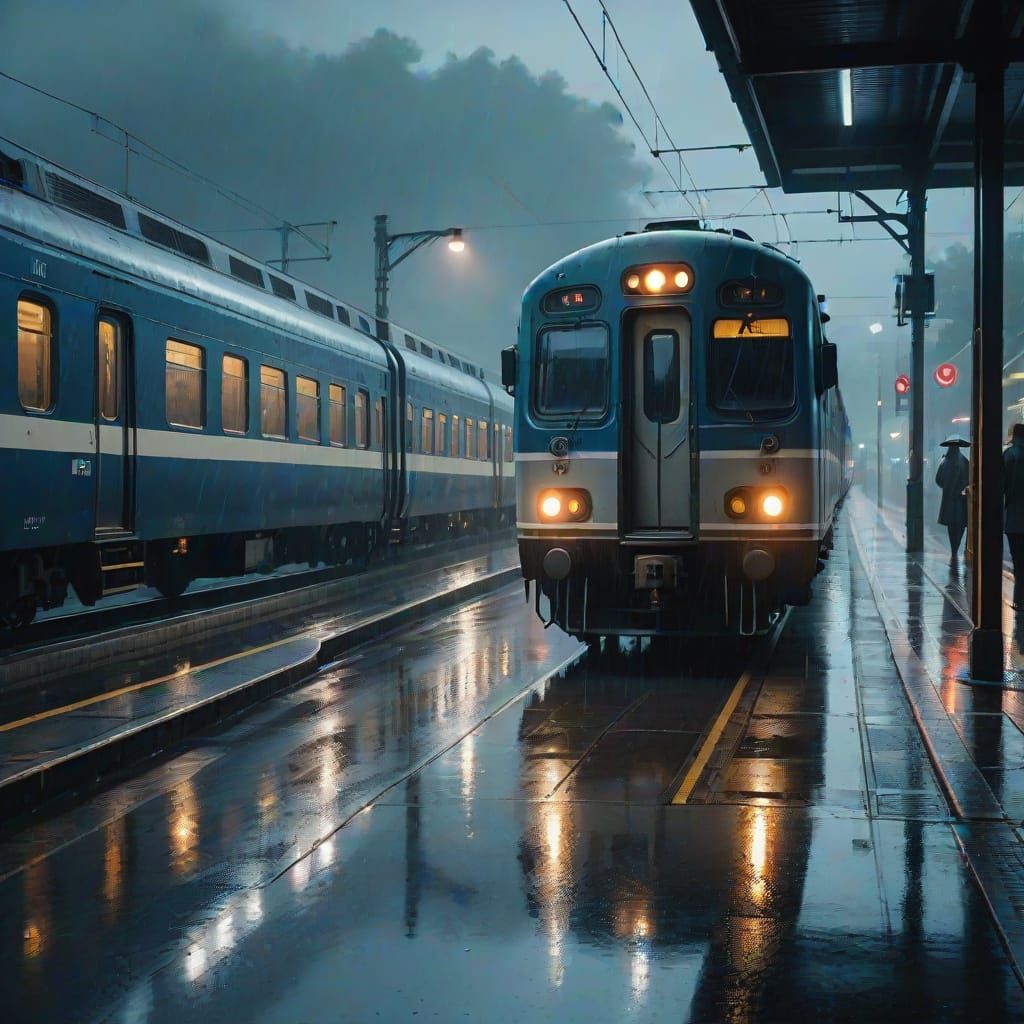 Moody Oil Painting of Rainy Train Station at Evening