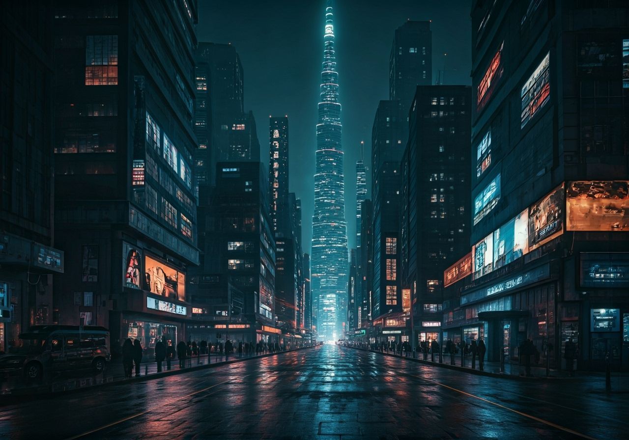 Cyberpunk Night Cityscape With Neon Lights