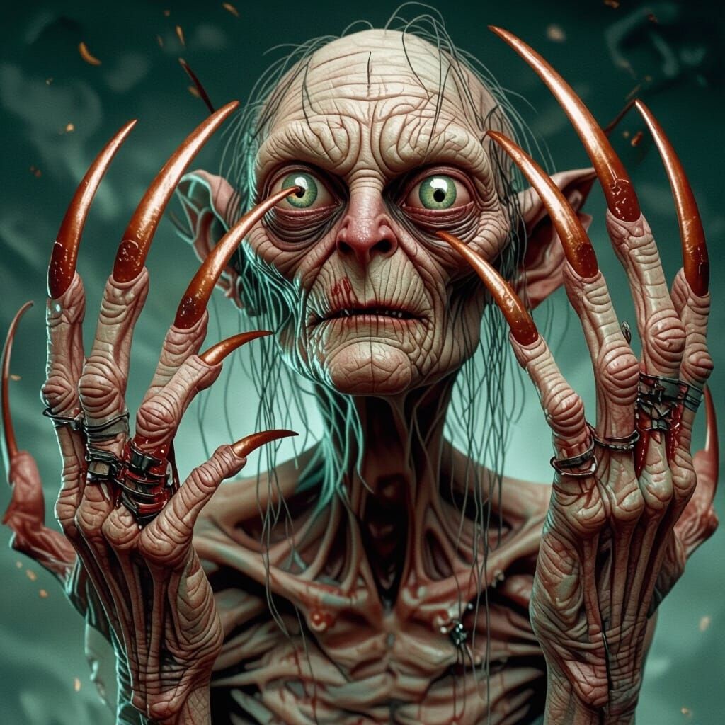 Gollum Pushing Skull Cart in Surreal Flame Landscape