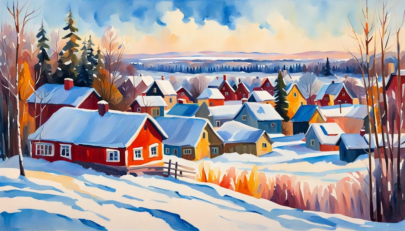 Winter Village Landscape in Gouache Style