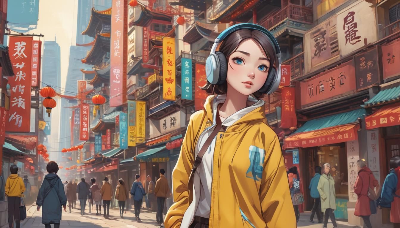 Anime Girl in Vibrant Chinese Cityscape Illustration