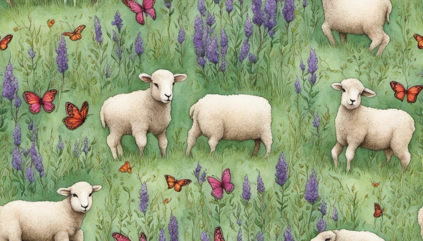 Happy Lambs Grazing in Lush Lavender Meadow