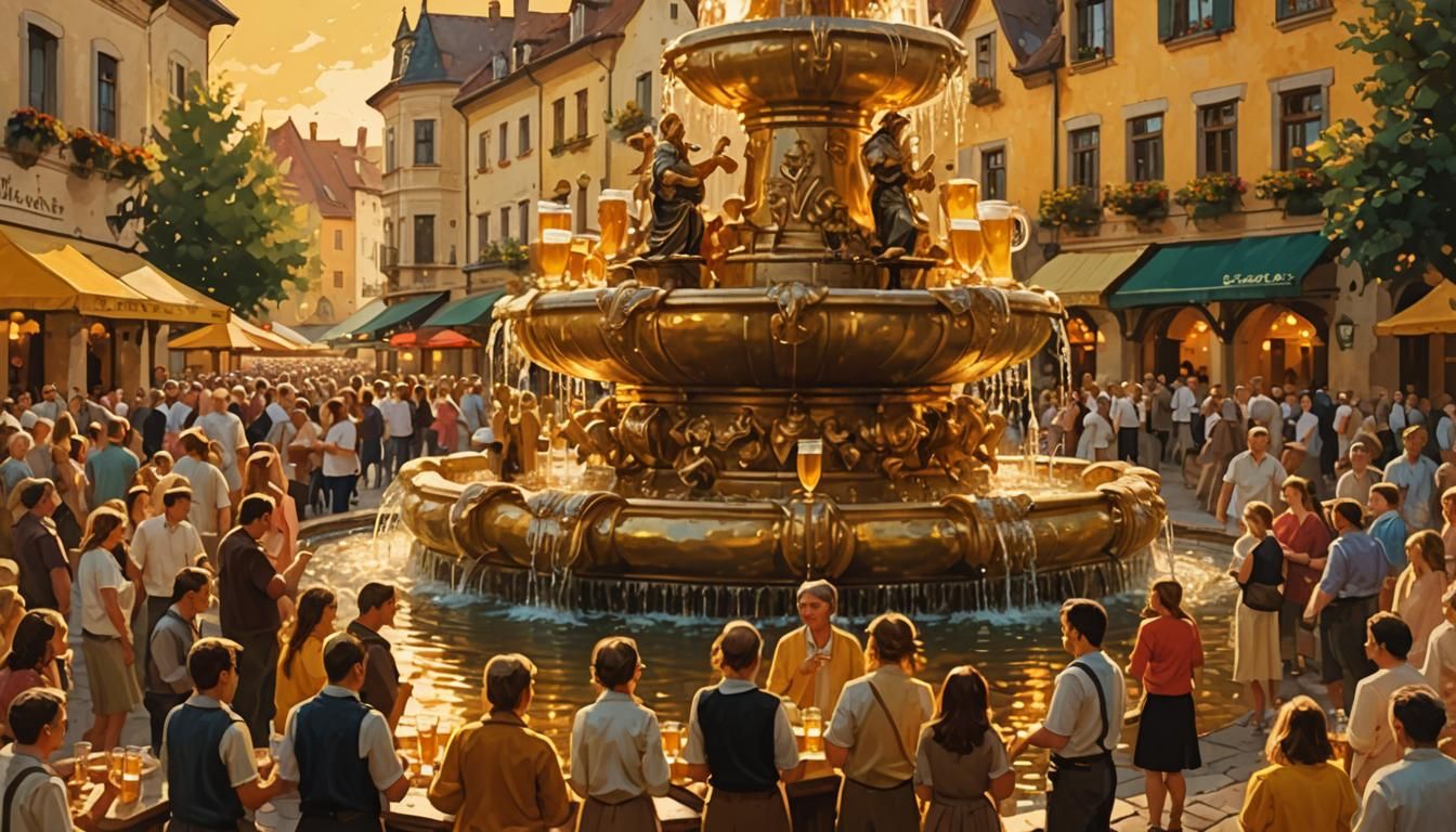 Golden Beer Fountain Festival in Impressionistic Style