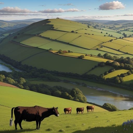 Panoramic view. Hereford cattle grazing in the Golden Valley, a wild, untamed place, carved between two river valleys, t...