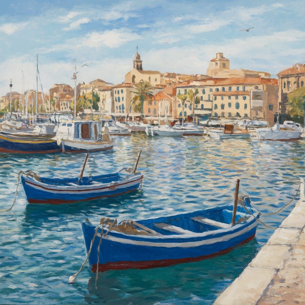 boukaabka port, blue fishing boats a city scene, in the styl...