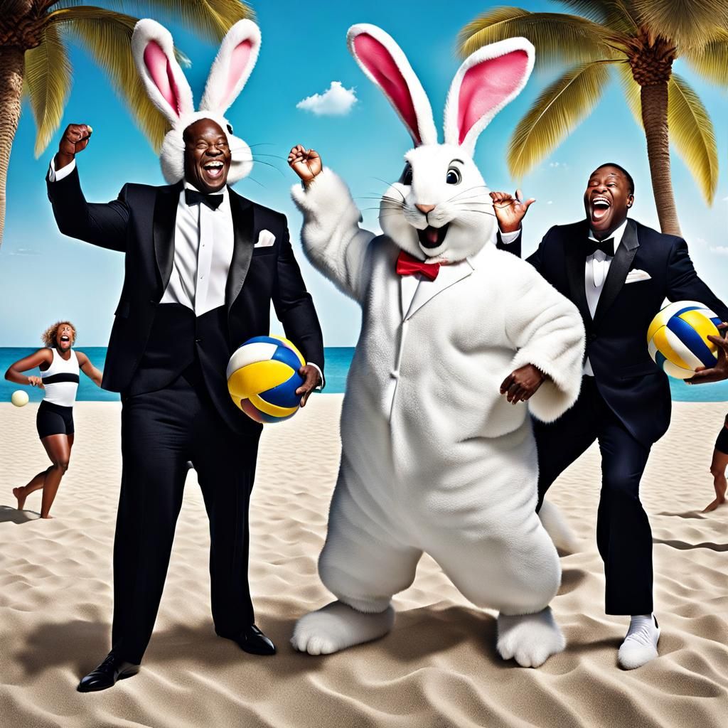 Beach Volleyball Game with Tuxedos and Rabbit Costumes