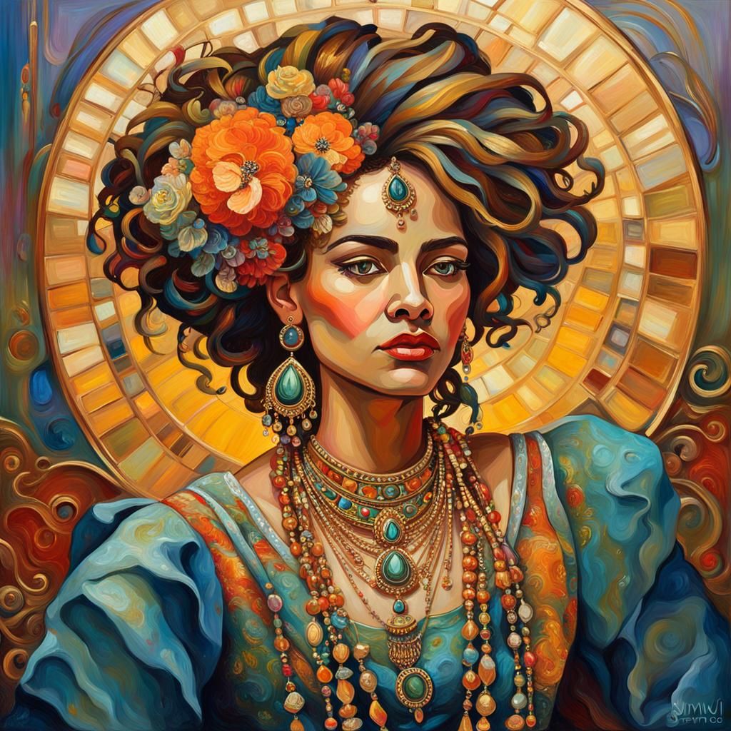 Expressionist Portrait of Woman with Elaborate Jewelry
