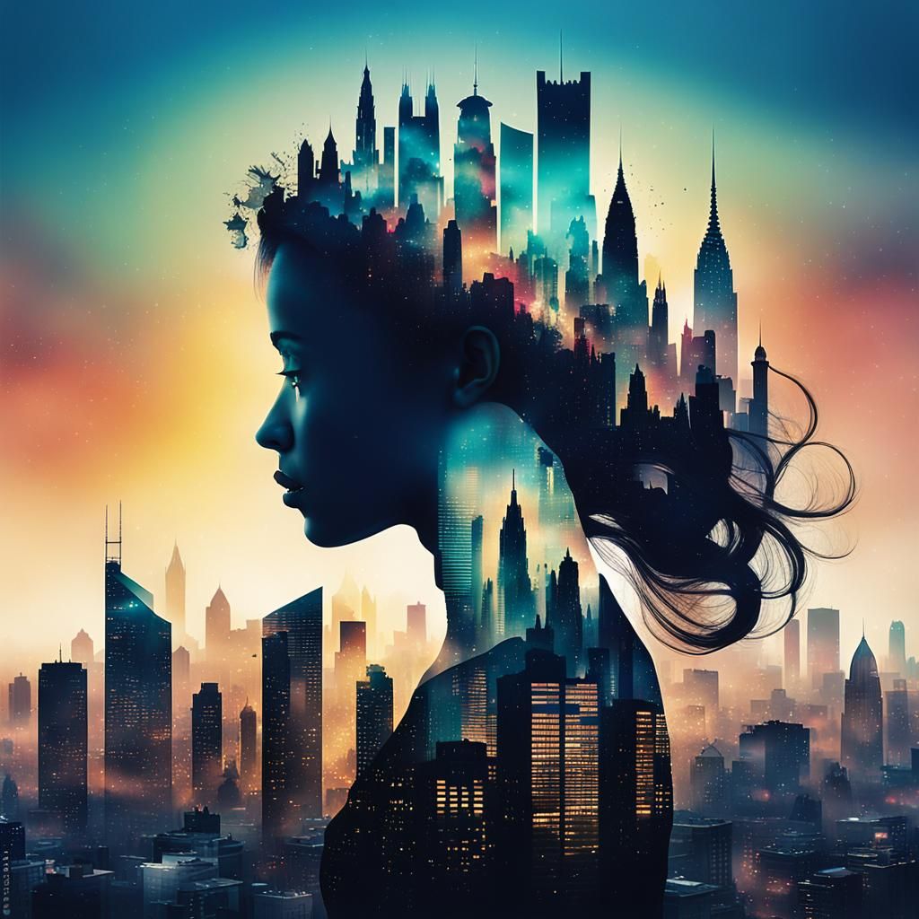 Double Exposure. An image of a city skyline superimposed over a princess’ silhouette might convey the person’s relations...