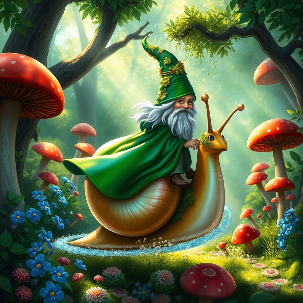 Gnome Rides Iridescent Snail Through Enchanted Mushroom Fore...