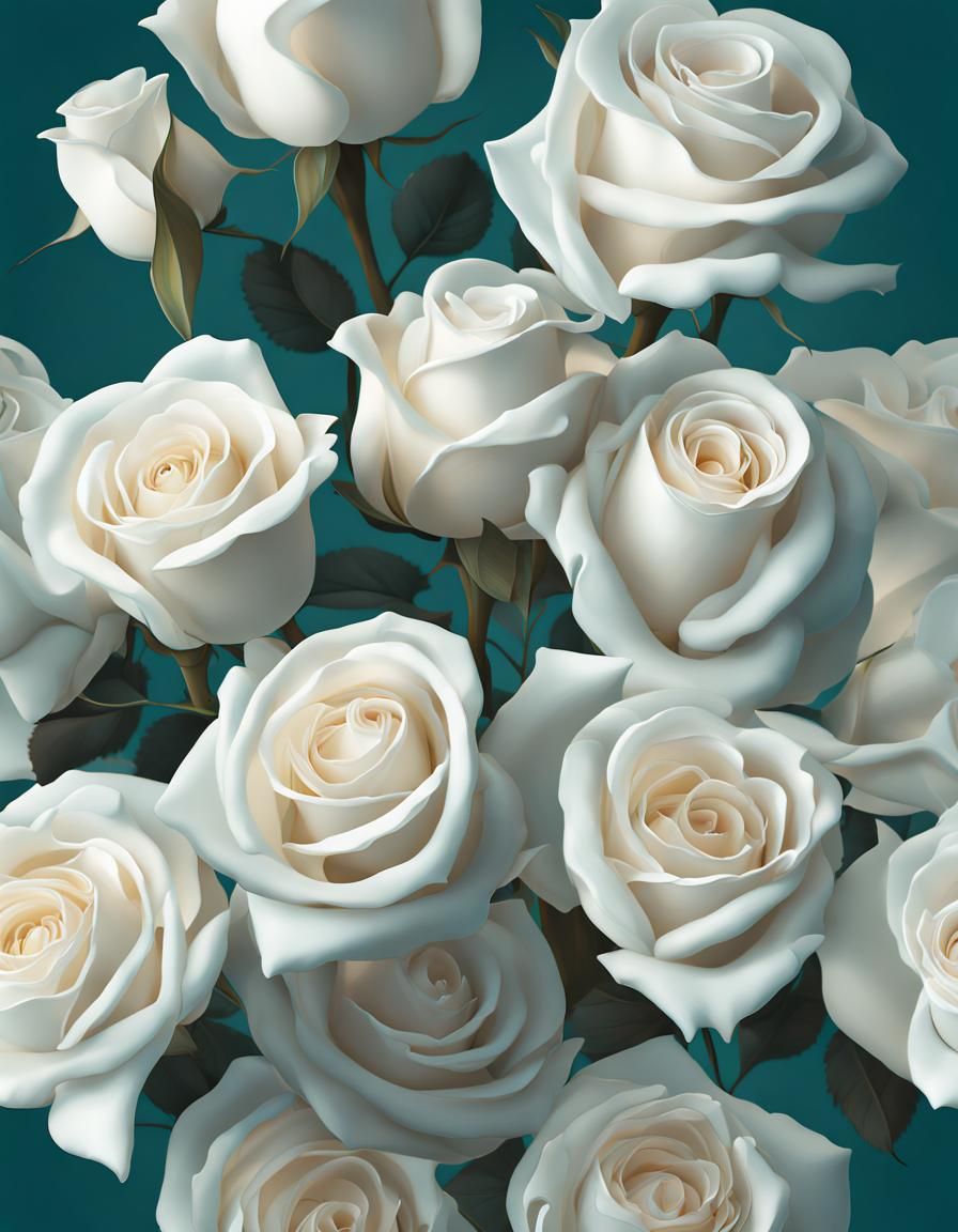 Hyperrealistic White Rose Bouquet on Teal Background