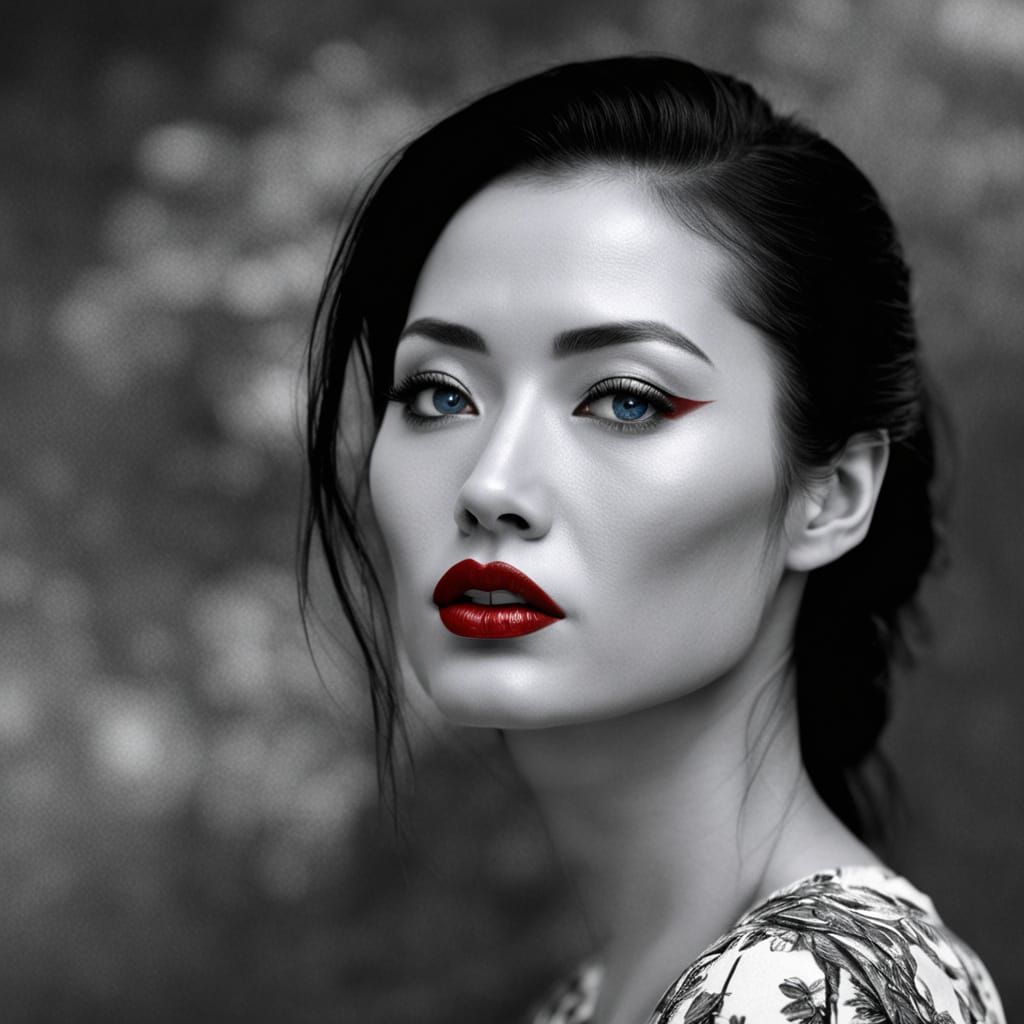 Cinematic Portrait of Woman with Red Lips and Blue Eyes
