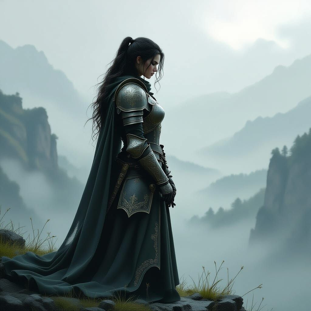 Melancholy Knight Contemplates Misty Valley in Painterly Sty...