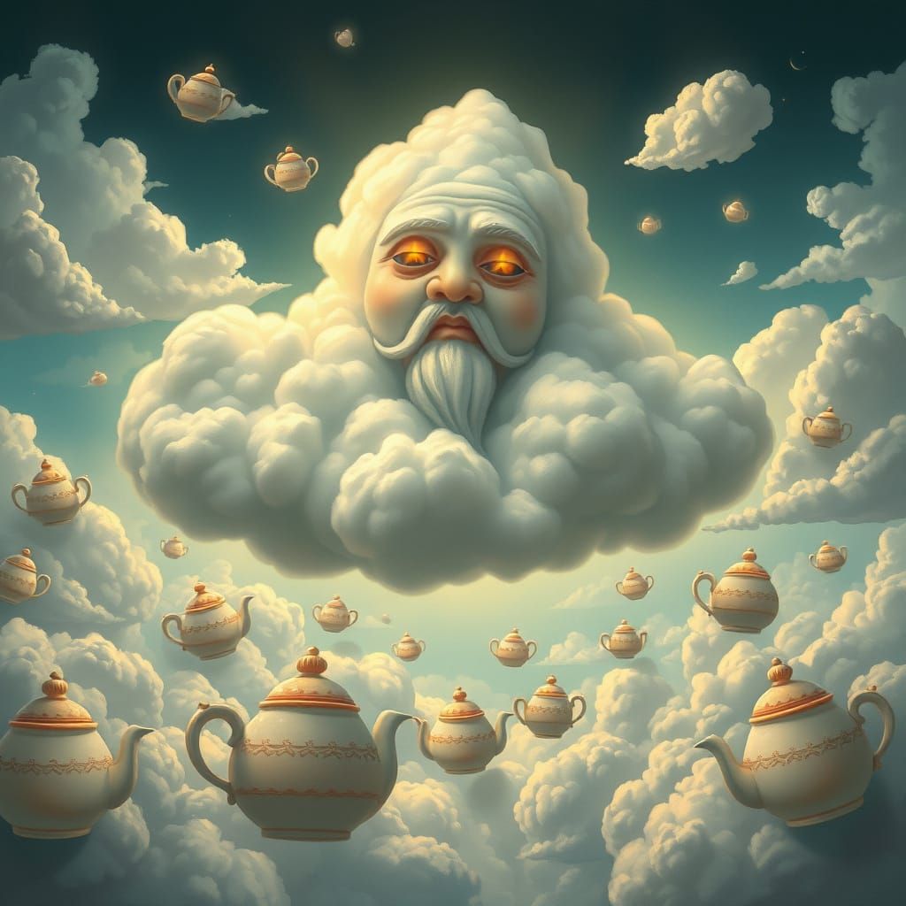 Sentient Cloud with Deity Face Floats Among Giant Teacups
