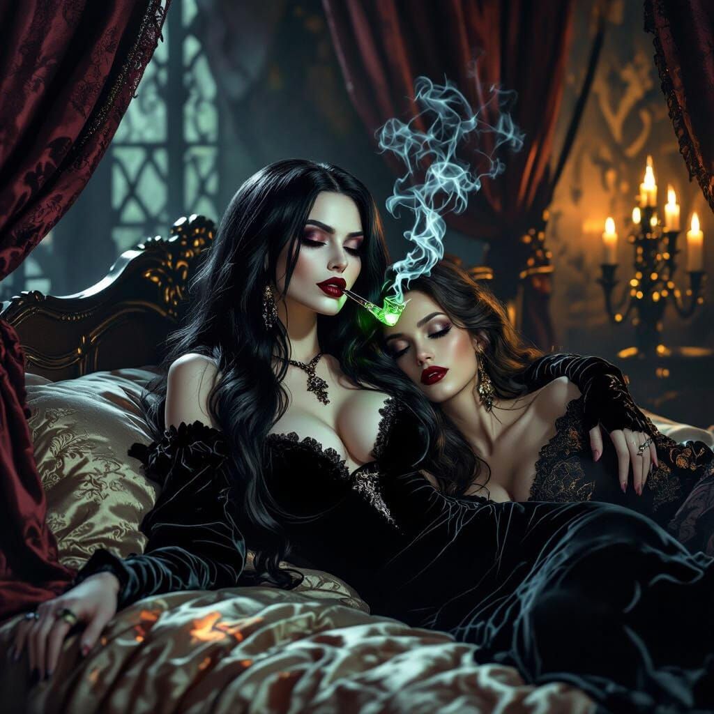 Gothic Vampire Women Relaxing in Candlelit Bedroom