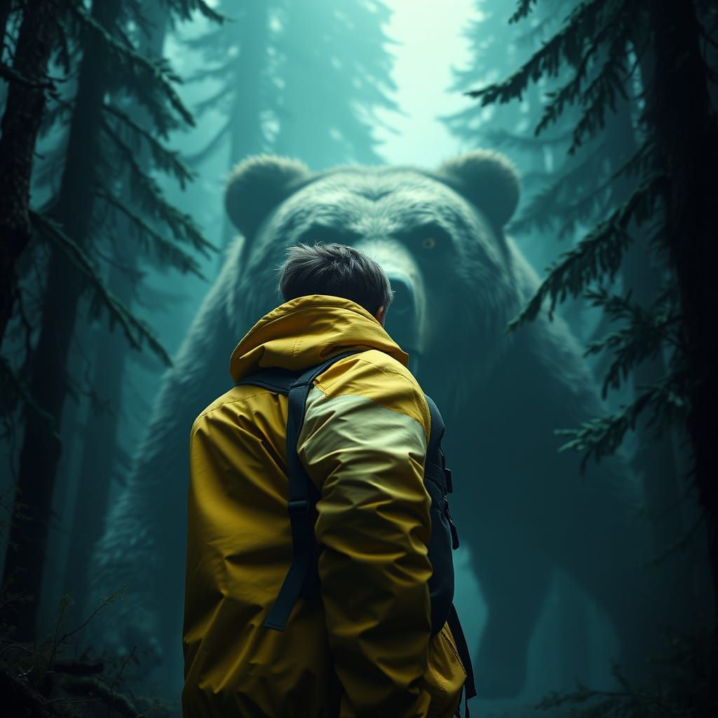 Frightened Hiker Confronts a Menacing Bear in a Misty Forest