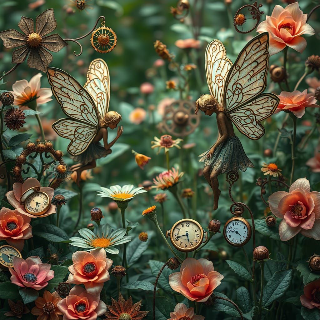 Steampunk Garden Blooms with Clockwork Fairies and Gears