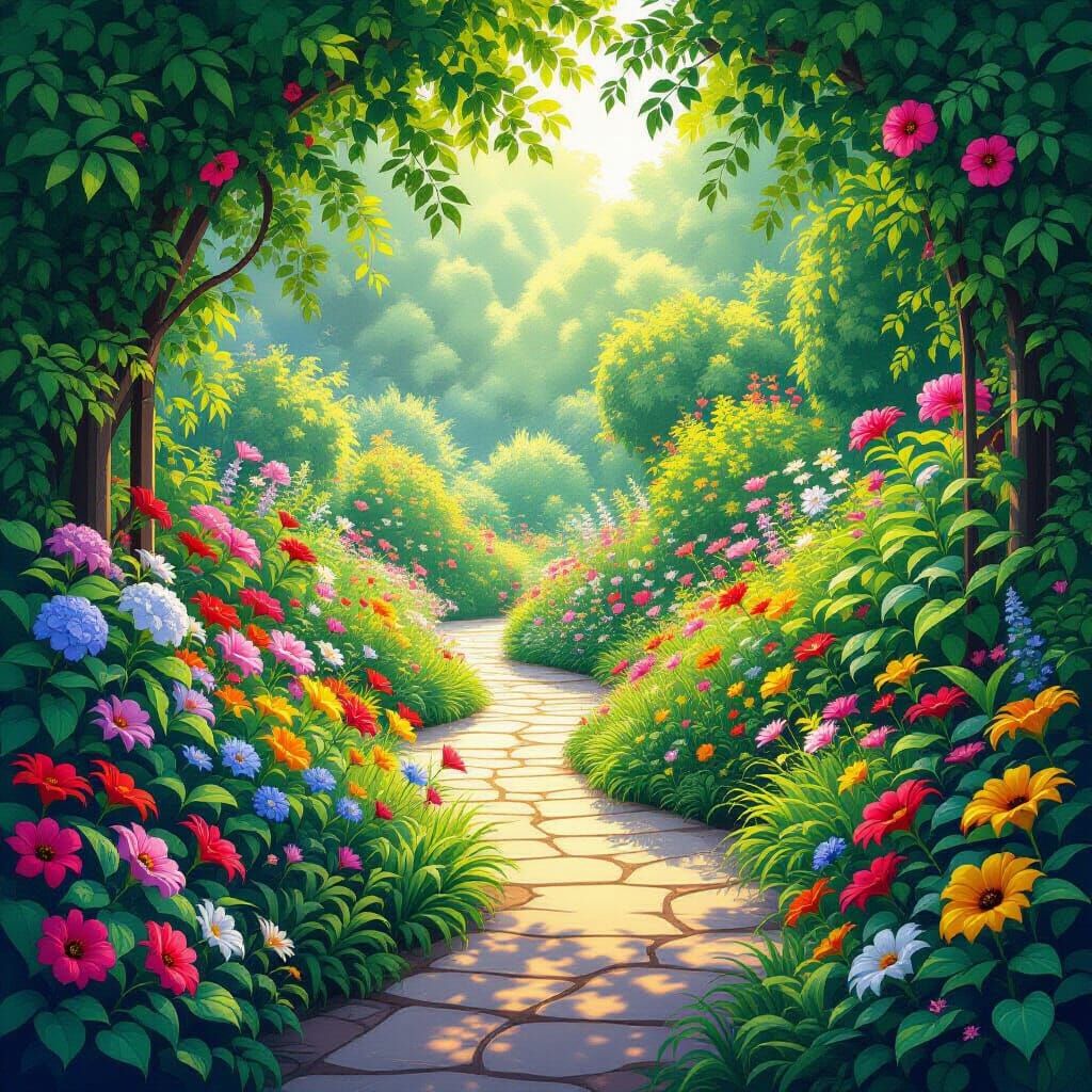 Vibrant Garden Concept Art with Cartoon Exaggeration
