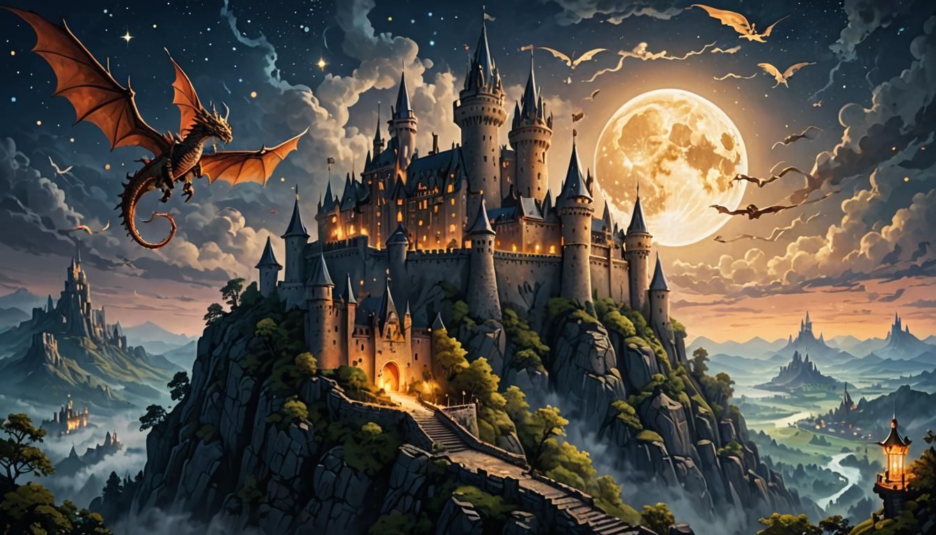 Cliffside Castle with Dragons and Wizards