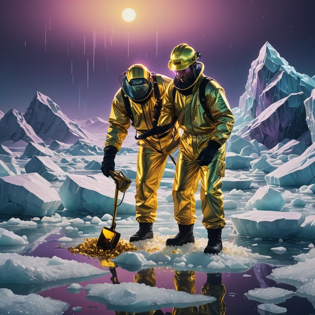 Synthwave Gold Miner on Ice Floe in Neon Fog