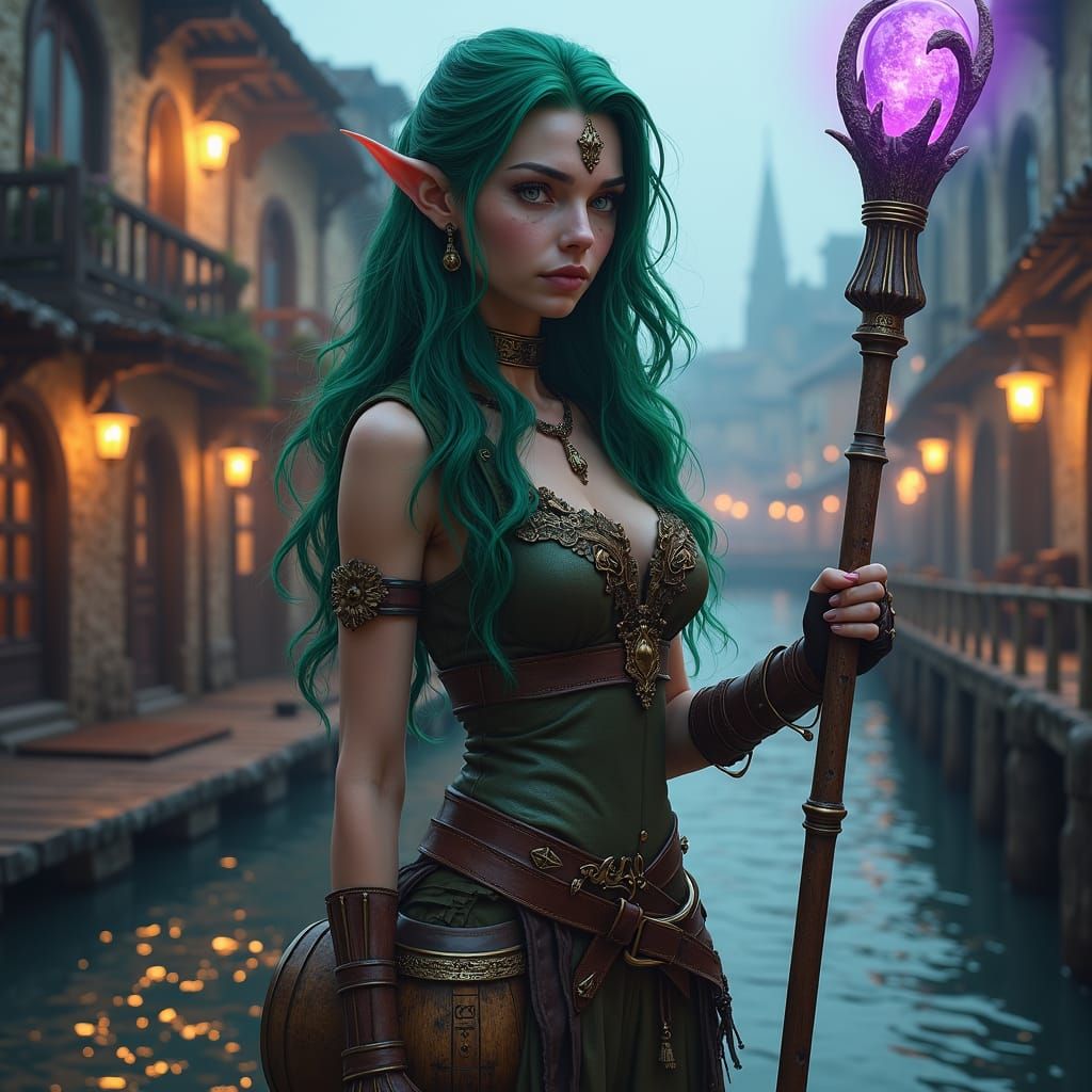 Mystical Wood Elf Druid in Fantasy Port City