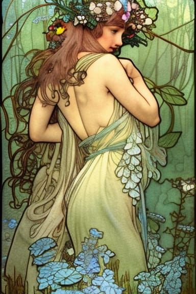 Mavka Undine in Birch Forest Pond: Watercolor Art