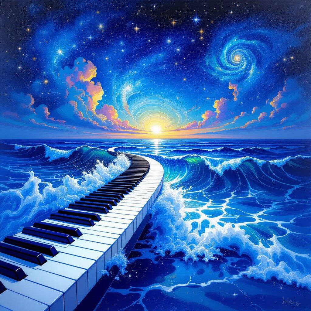 Azure Piano Waves Crash on Celestial Shore