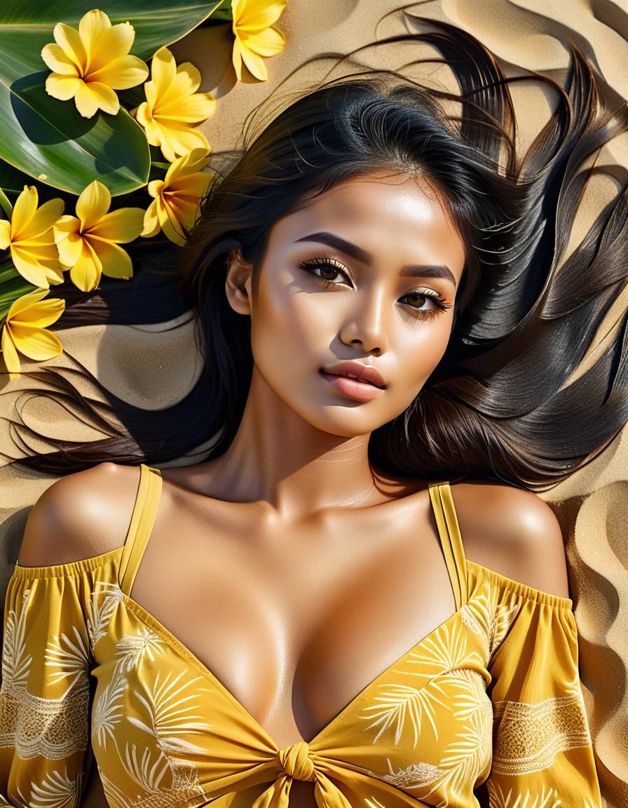 Young Woman Relaxing on Golden Sand Beach