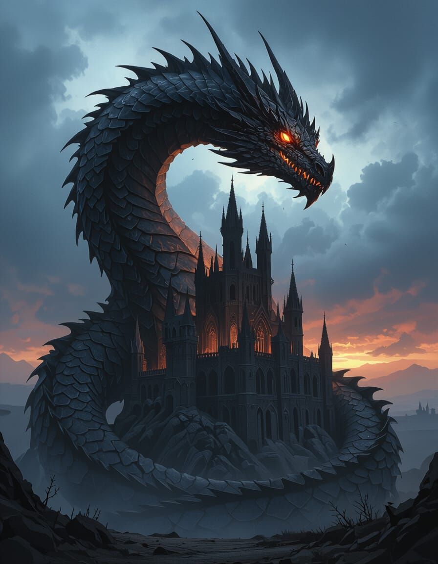 Ancient Obsidian Dragon Coiled Around Gothic Castle
