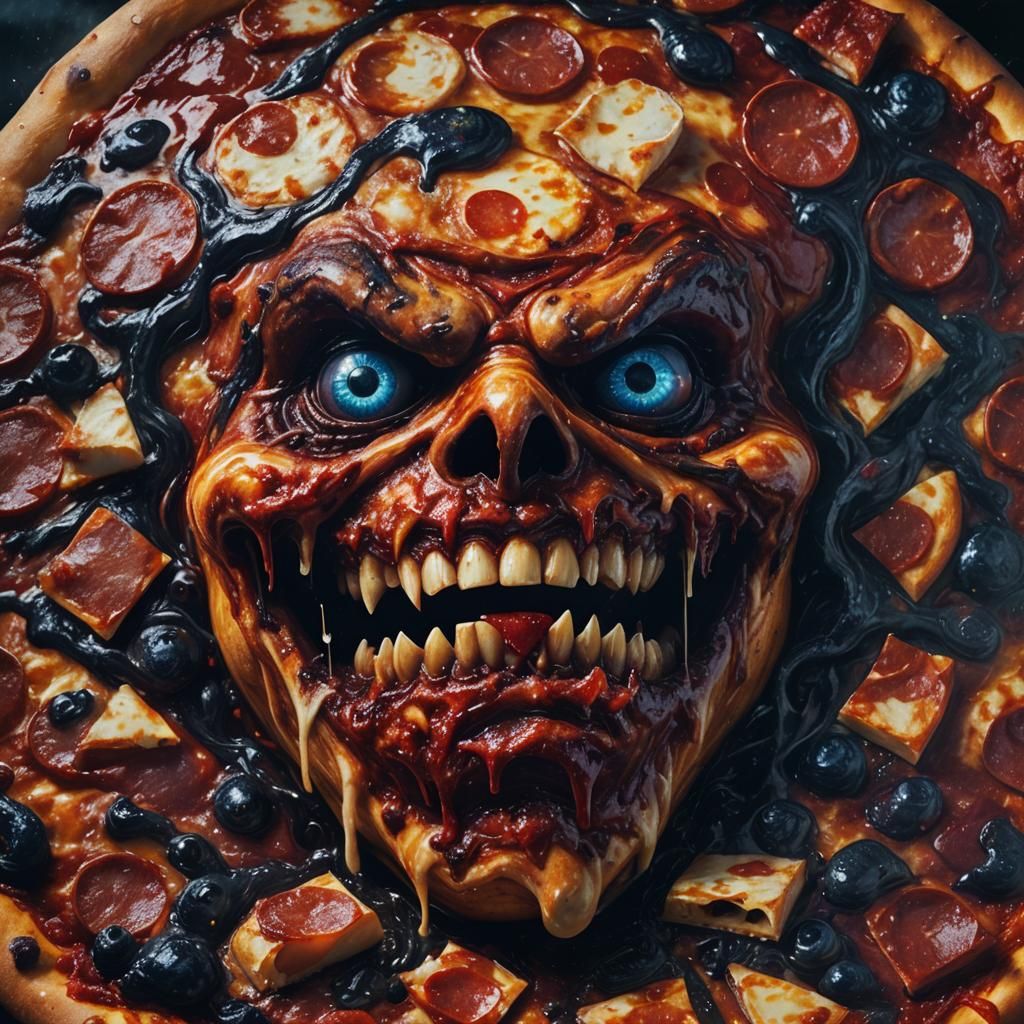 Dark Fantasy Pizza Monster Portrait with Blazing Eyes